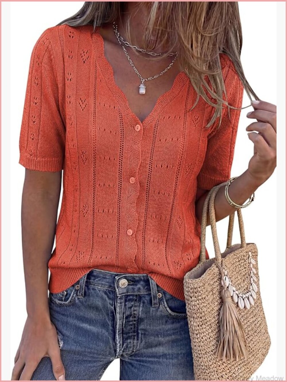Short Sleeve Crochet Knit Button Down Cardigan Sweater V-Neck